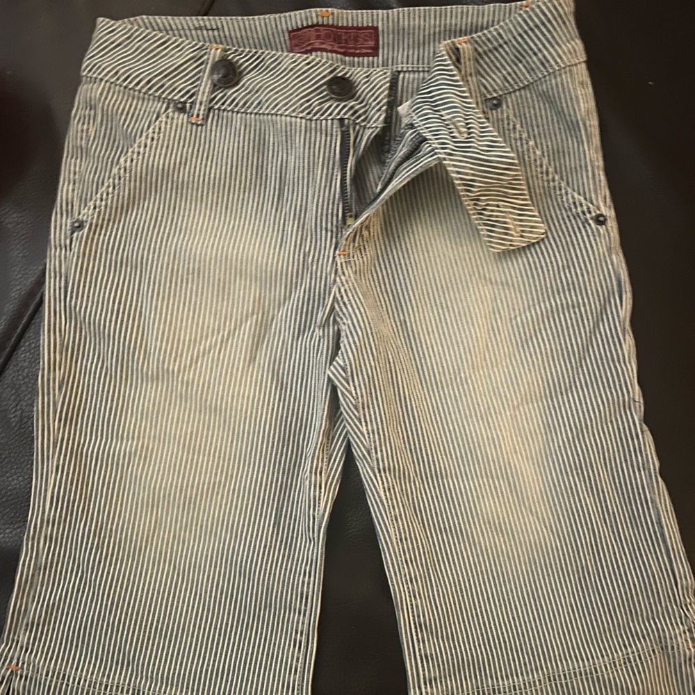 Hot Kiss Bluseand White Striped Women’s knee length shorts. Very soft denim!